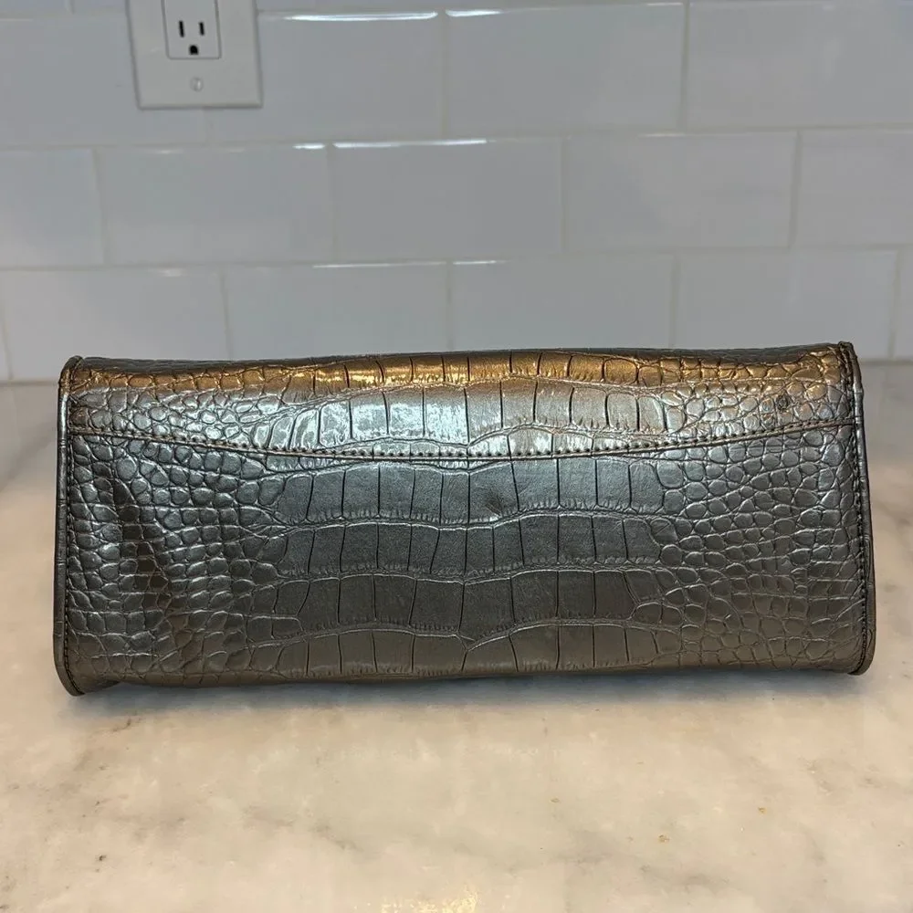 Ann Taylor LOFT purse silver metallic crocodile-embossed envelope clutch bag